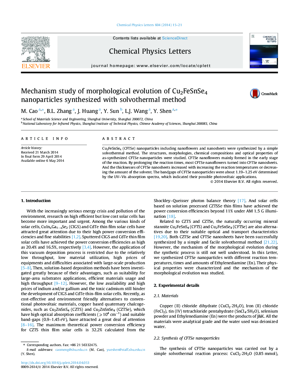 Mechanism study of morphological evolution of Cu2FeSnSe4 nanoparticles synthesized with solvothermal method