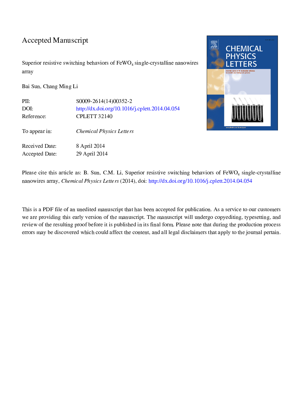 Superior resistive switching behaviors of FeWO4 single-crystalline nanowires array