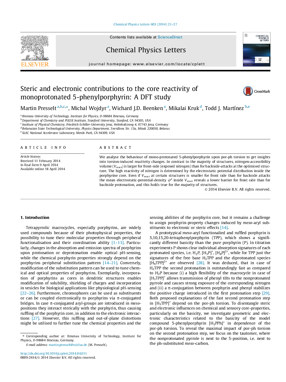 عکس صفحه اول مقاله: Steric and electronic contributions to the core reactivity of monoprotonated 5-phenylporphyrin: A DFT study Steric and electronic contributions to the core reactivity of monoprotonated 5-phenylporphyrin: A DFT study