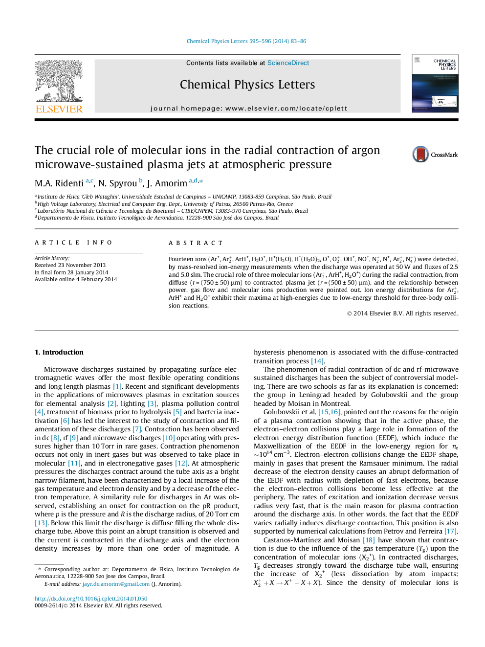 نقش حیاتی یون های مولکولی در انقطاع شعاعی جت های پلاسمای مایکروویو آرگون با فشار اتمسفری 