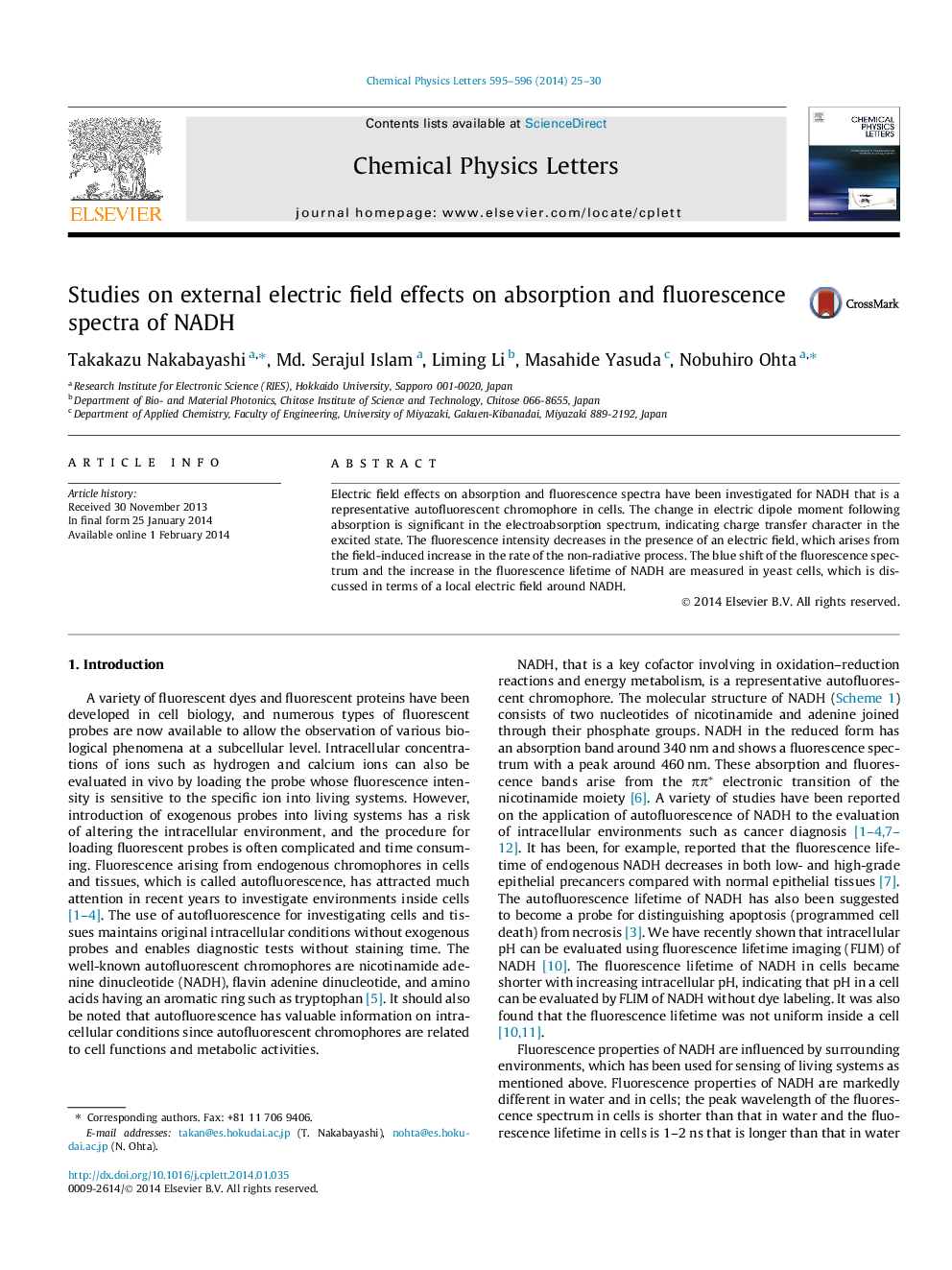 Studies on external electric field effects on absorption and fluorescence spectra of NADH
