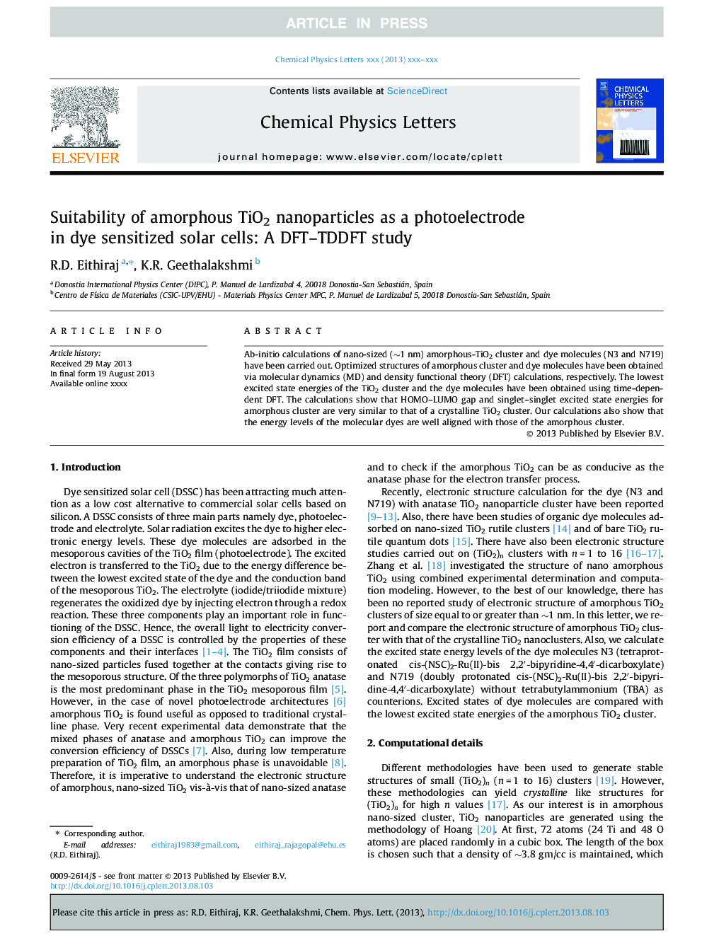 Suitability of amorphous TiO2 nanoparticles as a photoelectrode in dye sensitized solar cells: A DFT-TDDFT study