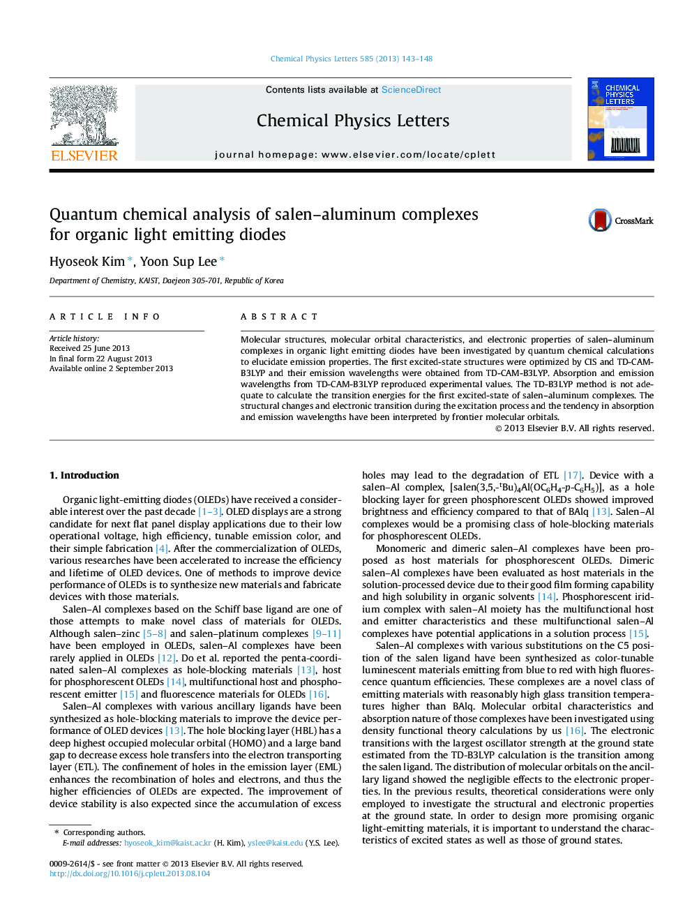 Quantum chemical analysis of salen-aluminum complexes for organic light emitting diodes