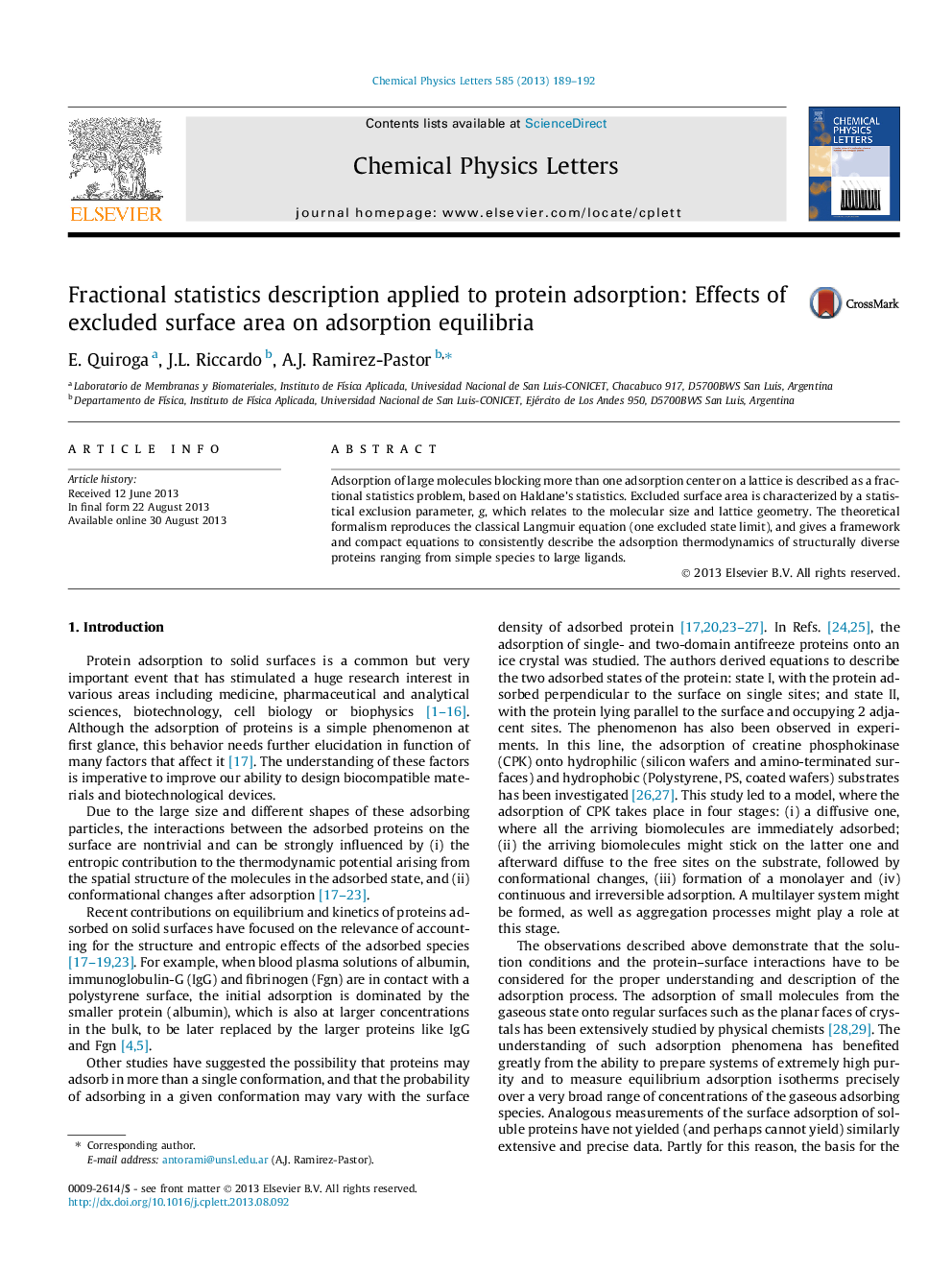 Fractional statistics description applied to protein adsorption: Effects of excluded surface area on adsorption equilibria