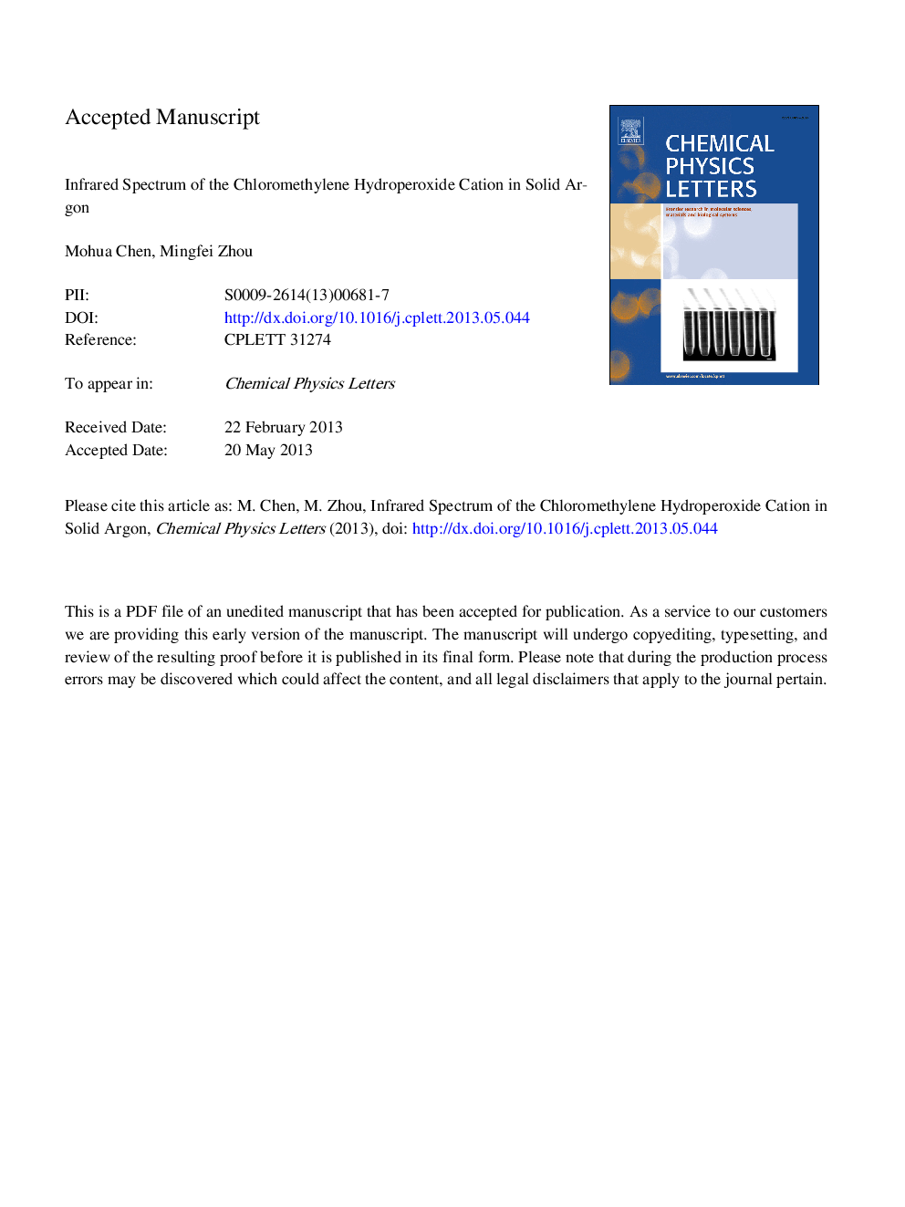 Infrared spectrum of the chloromethylene hydroperoxide cation in solid argon