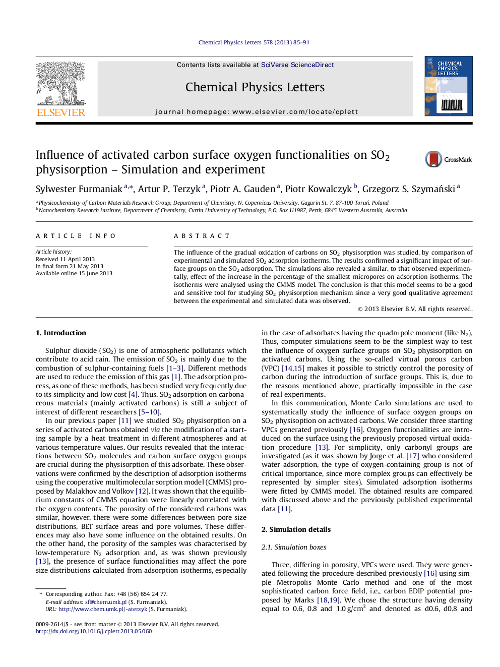 Influence of activated carbon surface oxygen functionalities on SO2 physisorption - Simulation and experiment