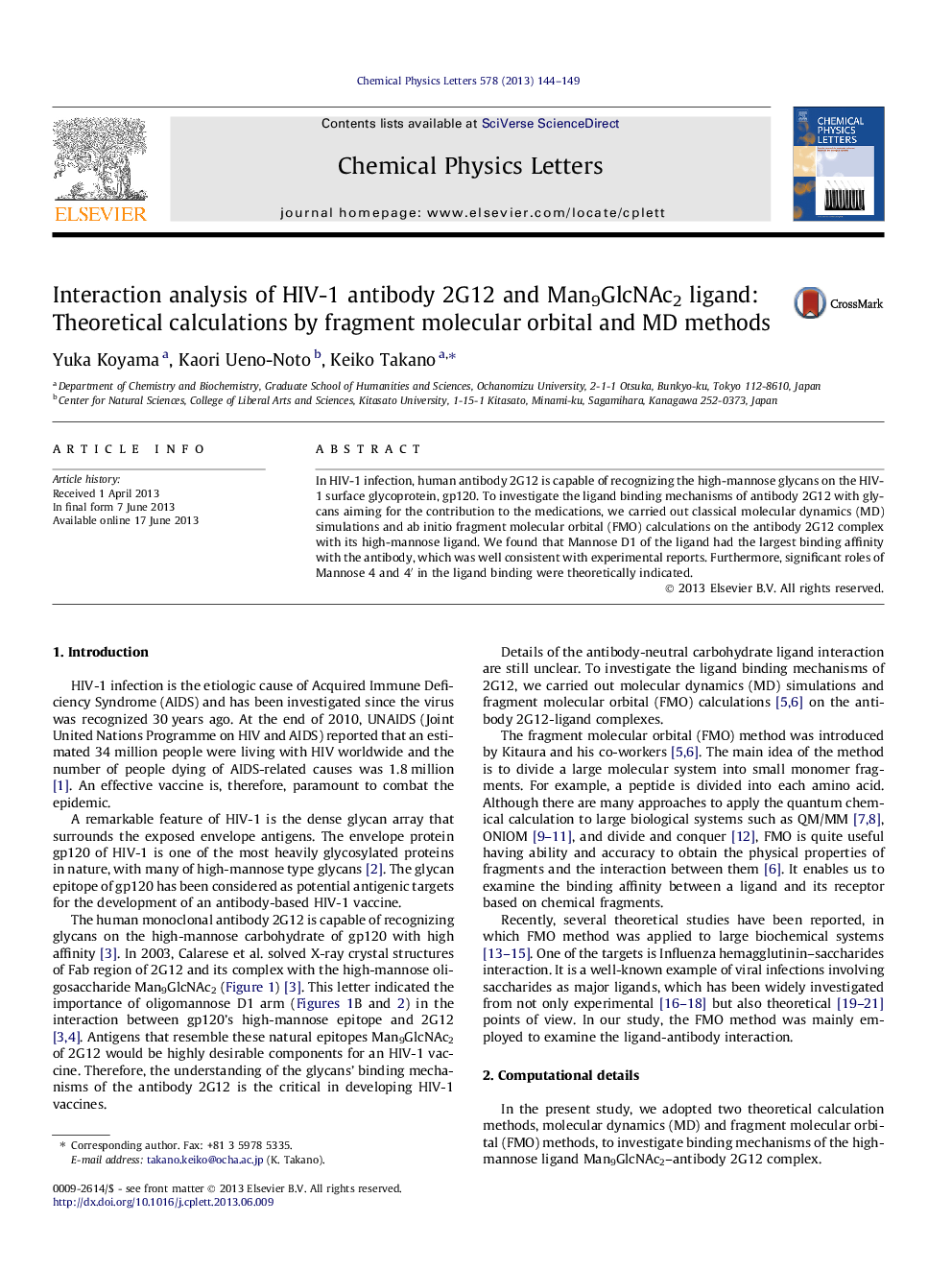 Interaction analysis of HIV-1 antibody 2G12 and Man9GlcNAc2 ligand: Theoretical calculations by fragment molecular orbital and MD methods