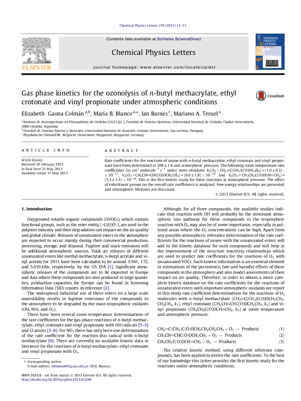 Gas phase kinetics for the ozonolysis of n-butyl methacrylate, ethyl crotonate and vinyl propionate under atmospheric conditions