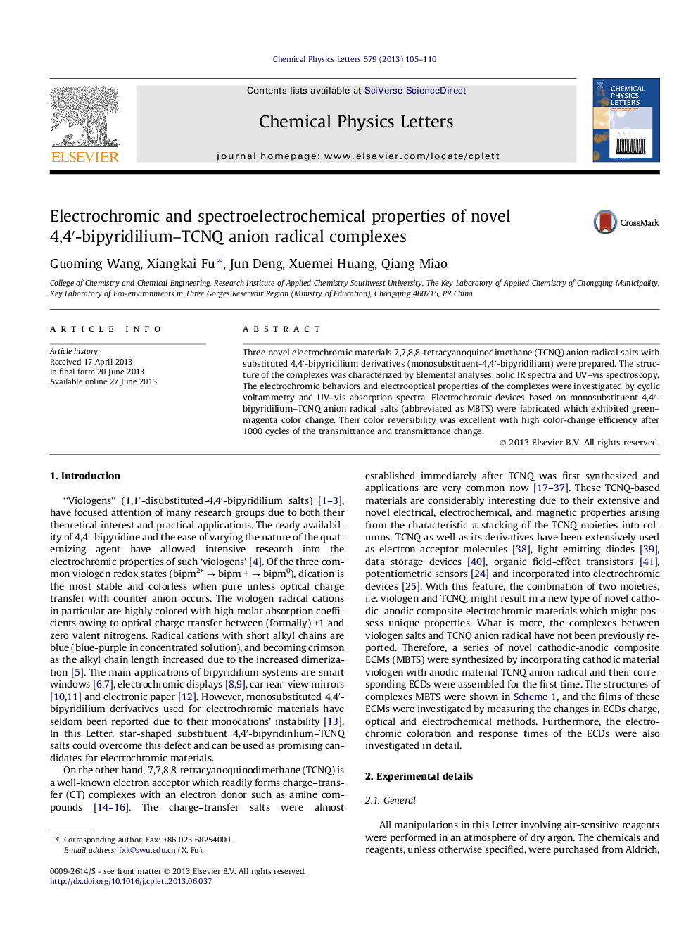 Electrochromic and spectroelectrochemical properties of novel 4,4â²-bipyridilium-TCNQ anion radical complexes