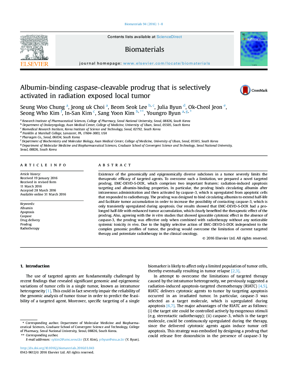 Albumin-binding caspase-cleavable prodrug that is selectively activated in radiation exposed local tumor