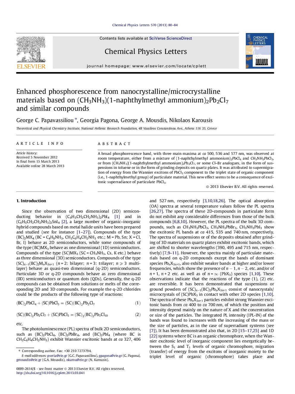 Enhanced phosphorescence from nanocrystalline/microcrystalline materials based on (CH3NH3)(1-naphthylmethyl ammonium)2Pb2Cl7 and similar compounds
