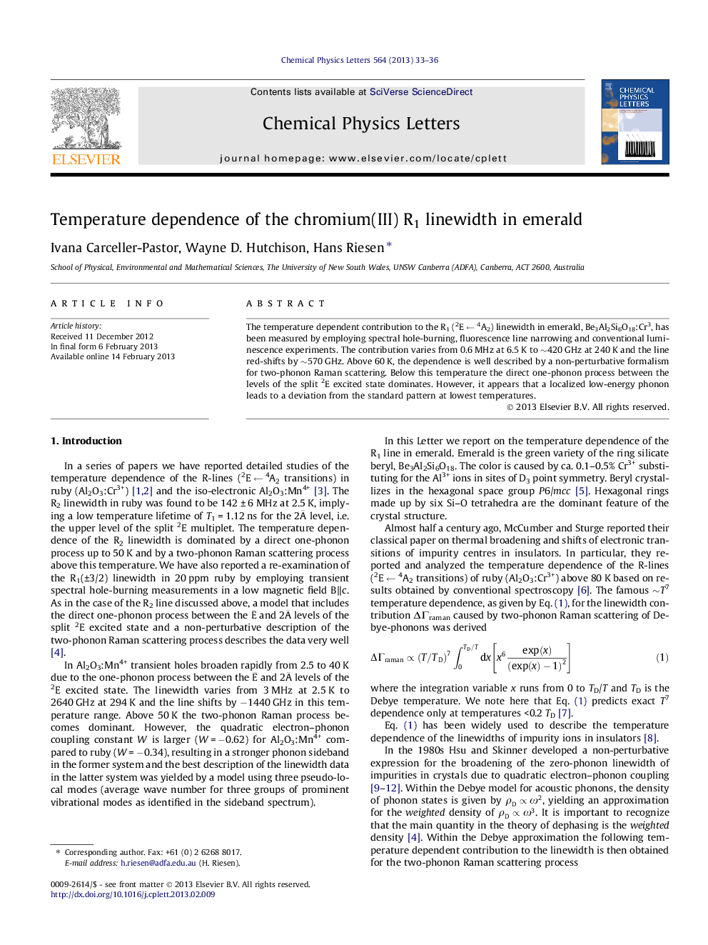 Temperature dependence of the chromium(III) R1 linewidth in emerald