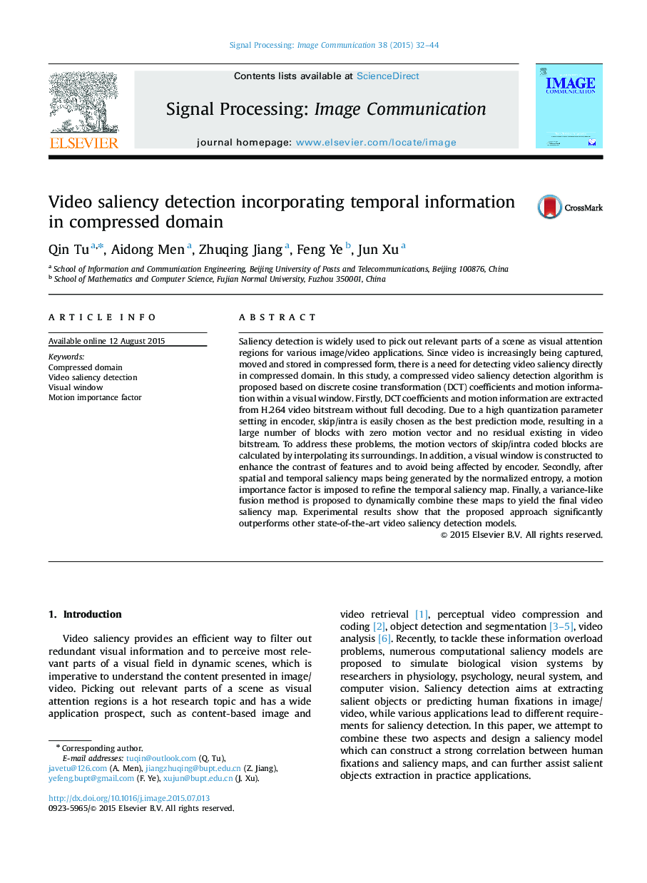 Video saliency detection incorporating temporal information in compressed domain