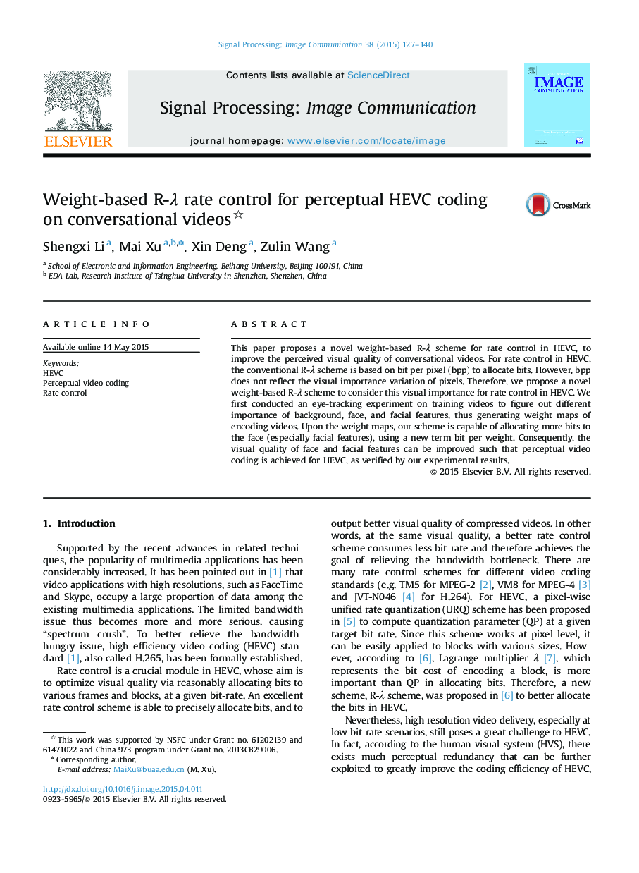 Weight-based R-λ rate control for perceptual HEVC coding on conversational videos 