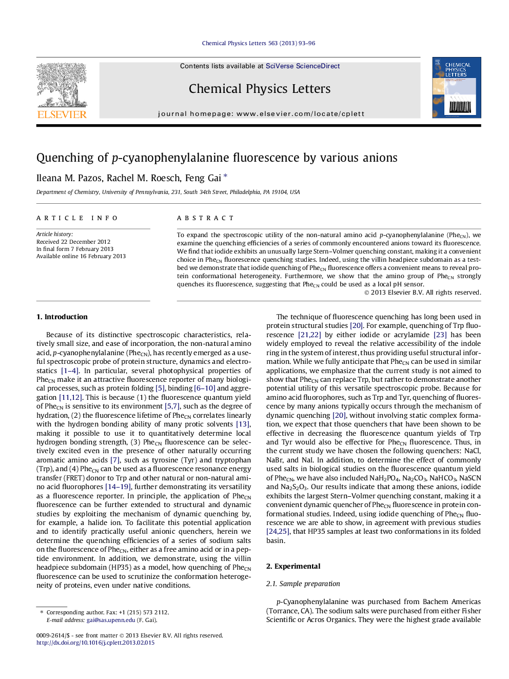 Quenching of p-cyanophenylalanine fluorescence by various anions