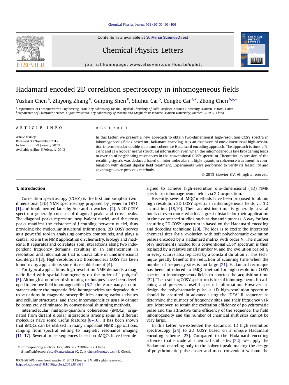 Hadamard encoded 2D correlation spectroscopy in inhomogeneous fields