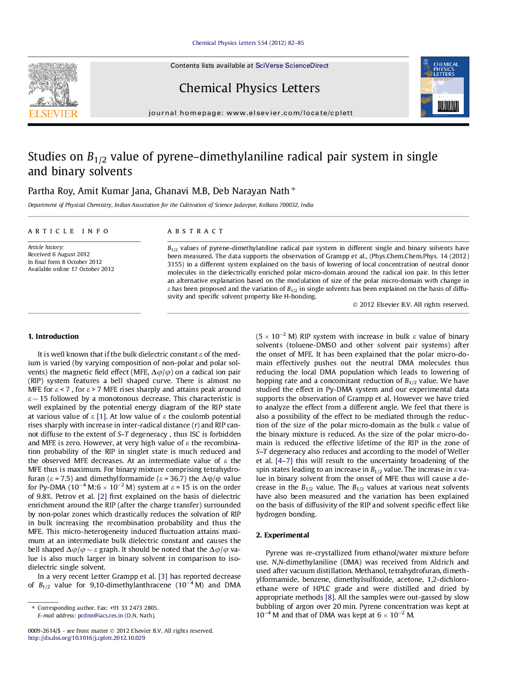 Studies on B1/2 value of pyrene-dimethylaniline radical pair system in single and binary solvents