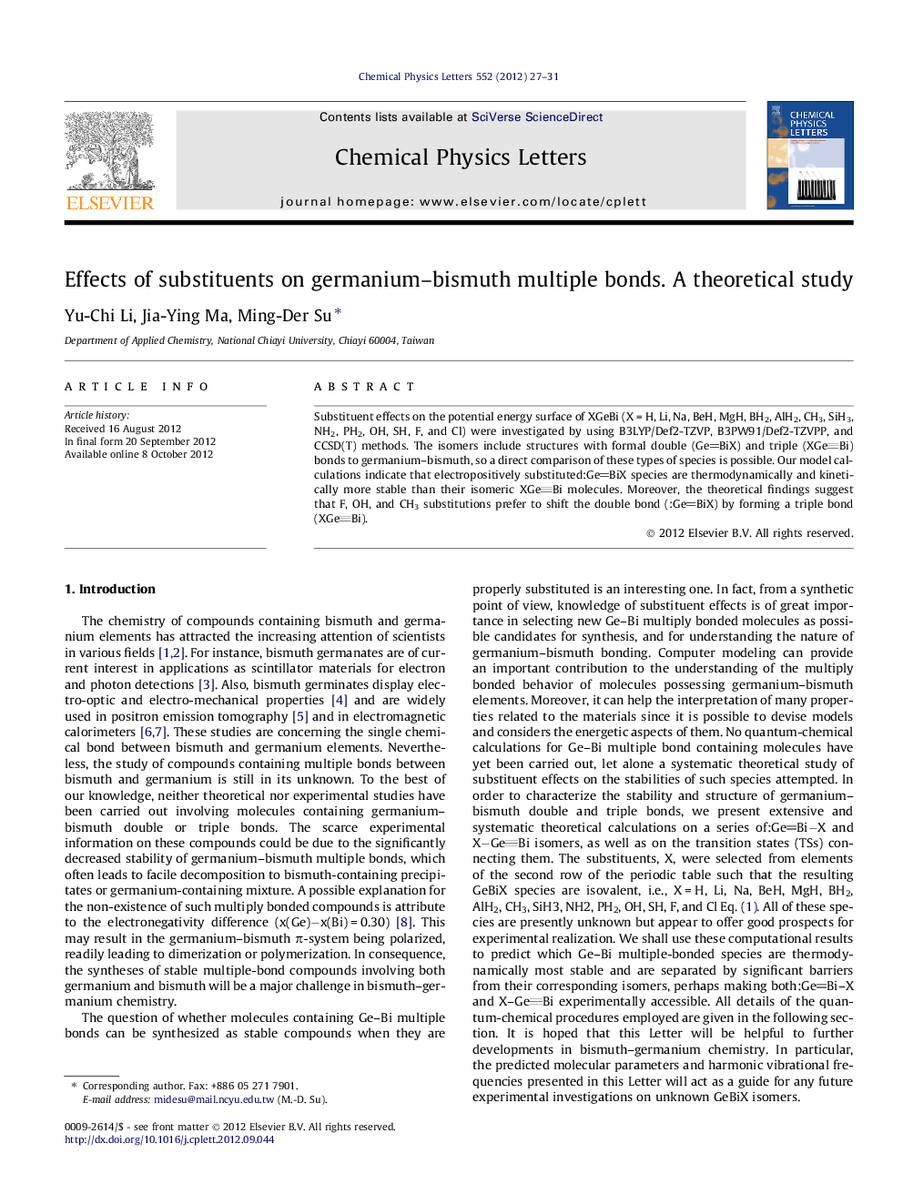 Effects of substituents on germanium-bismuth multiple bonds. A theoretical study