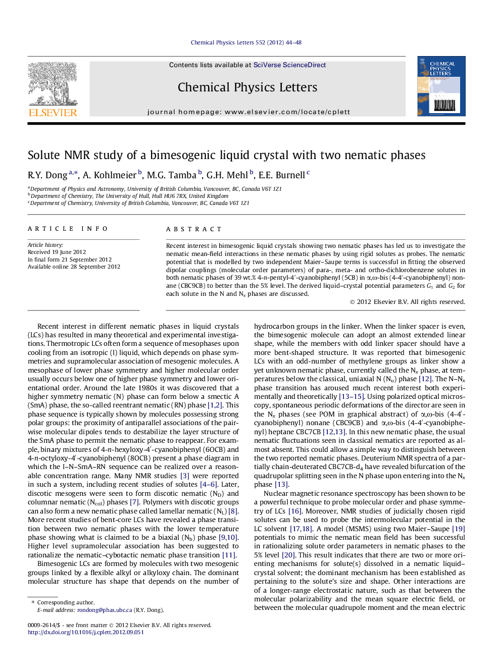 Solute NMR study of a bimesogenic liquid crystal with two nematic phases