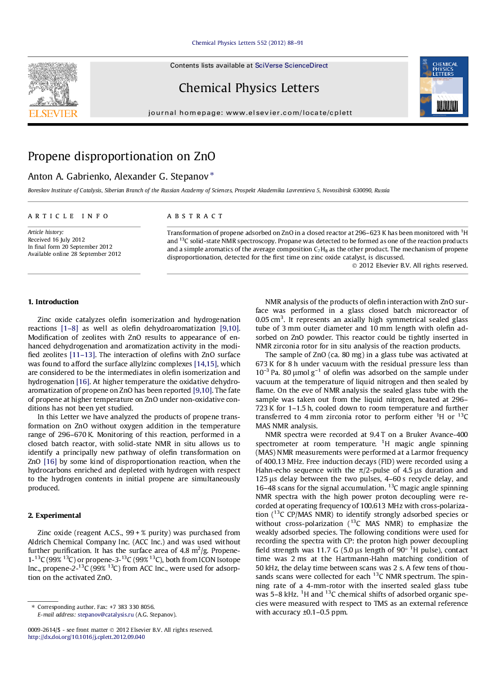 Propene disproportionation on ZnO