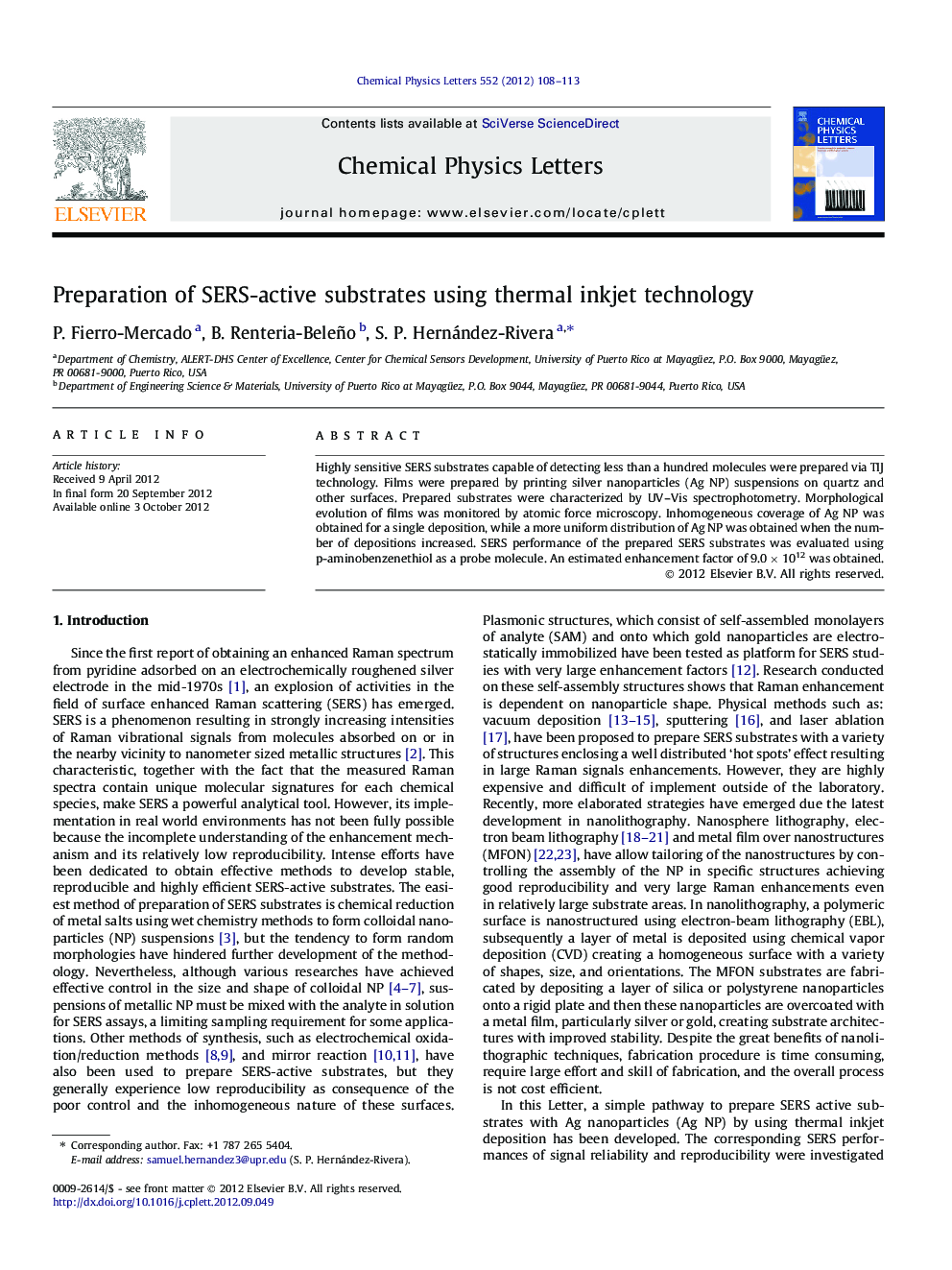 Preparation of SERS-active substrates using thermal inkjet technology