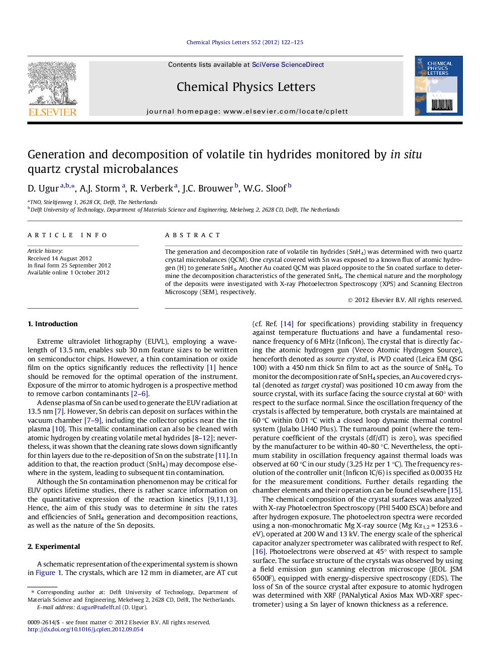 Generation and decomposition of volatile tin hydrides monitored by in situ quartz crystal microbalances