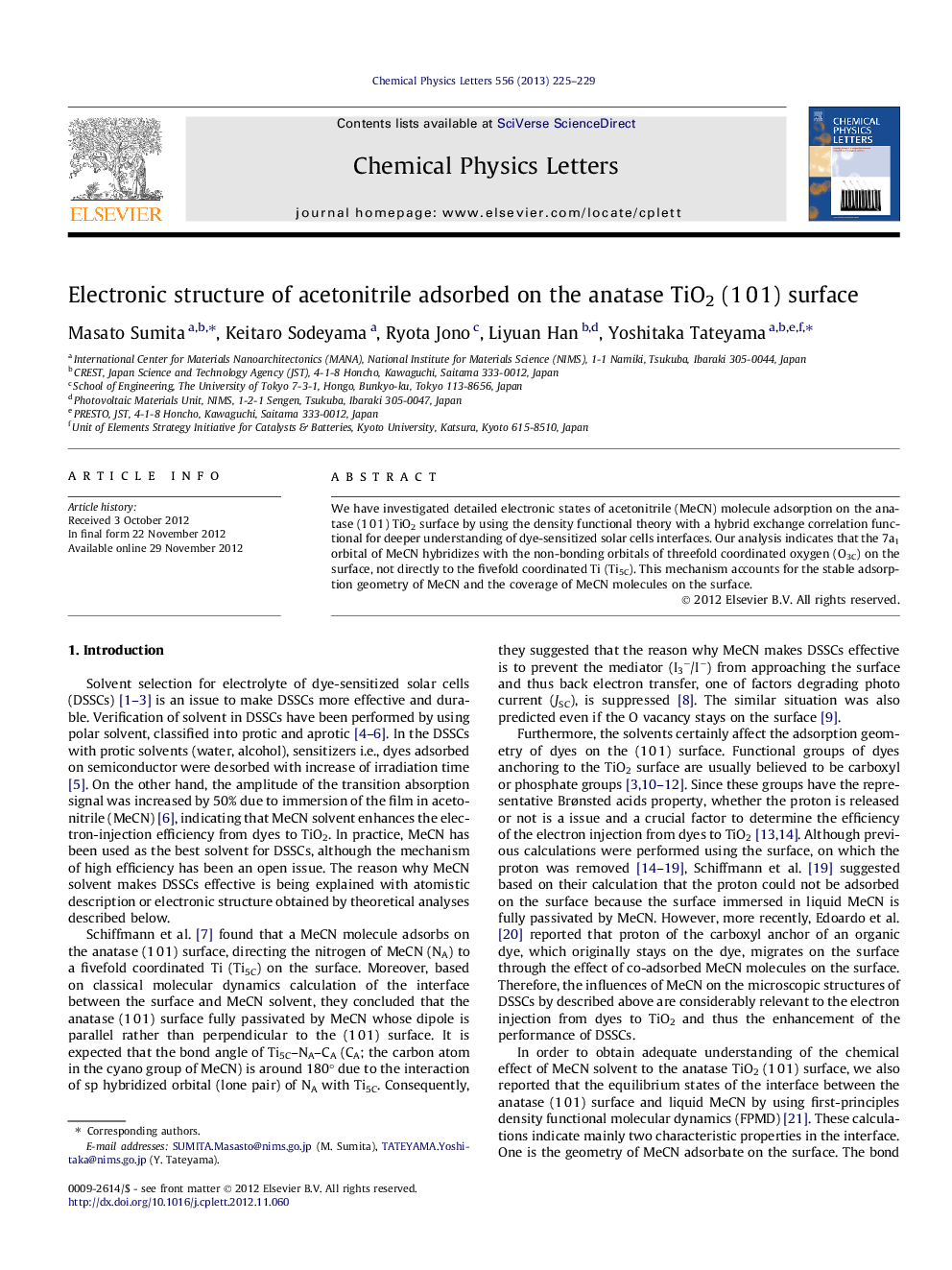 Electronic structure of acetonitrile adsorbed on the anatase TiO2 (1Â 0Â 1) surface
