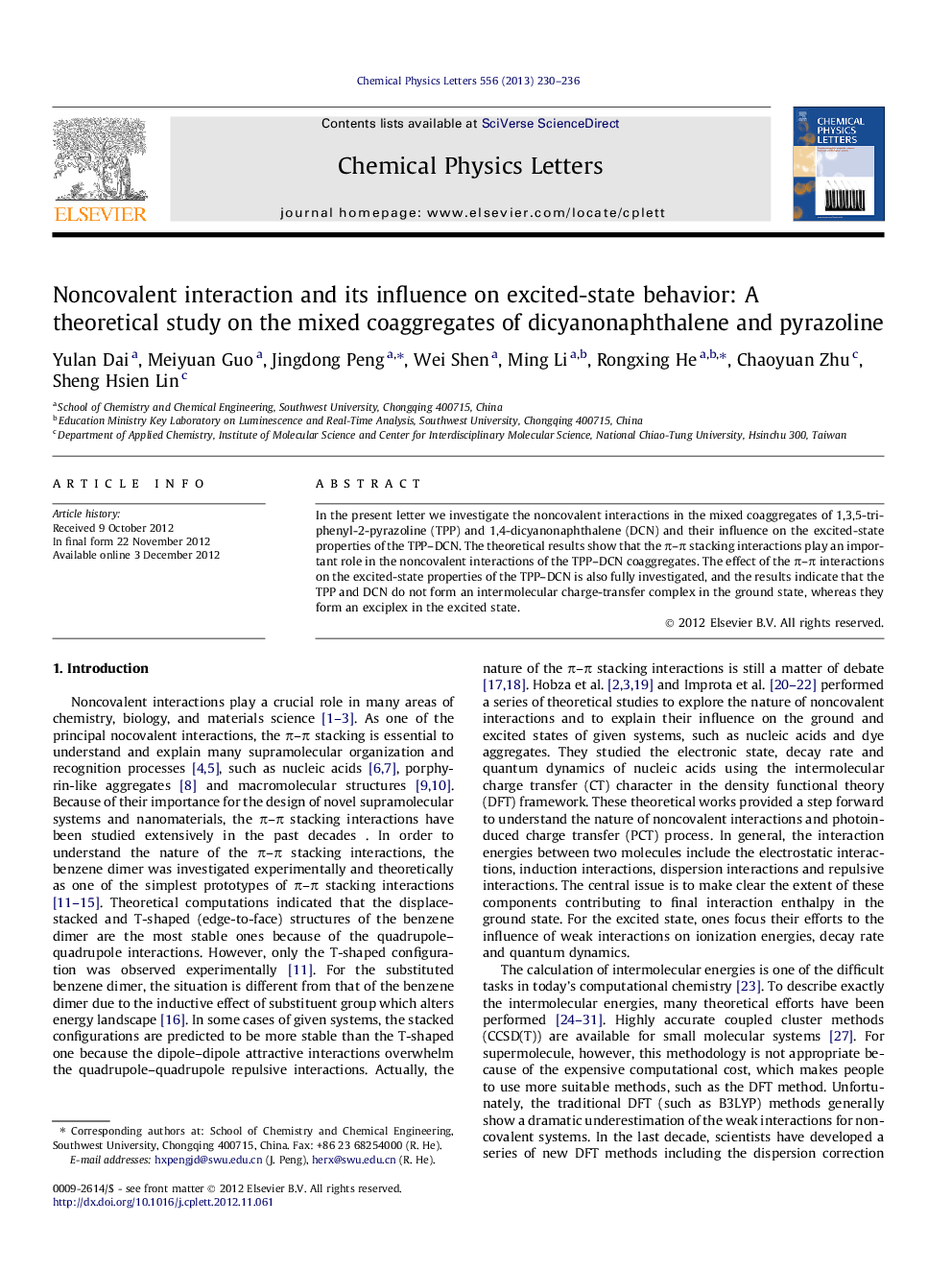 Noncovalent interaction and its influence on excited-state behavior: A theoretical study on the mixed coaggregates of dicyanonaphthalene and pyrazoline