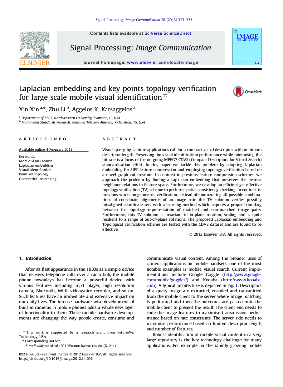 Laplacian embedding and key points topology verification for large scale mobile visual identification 