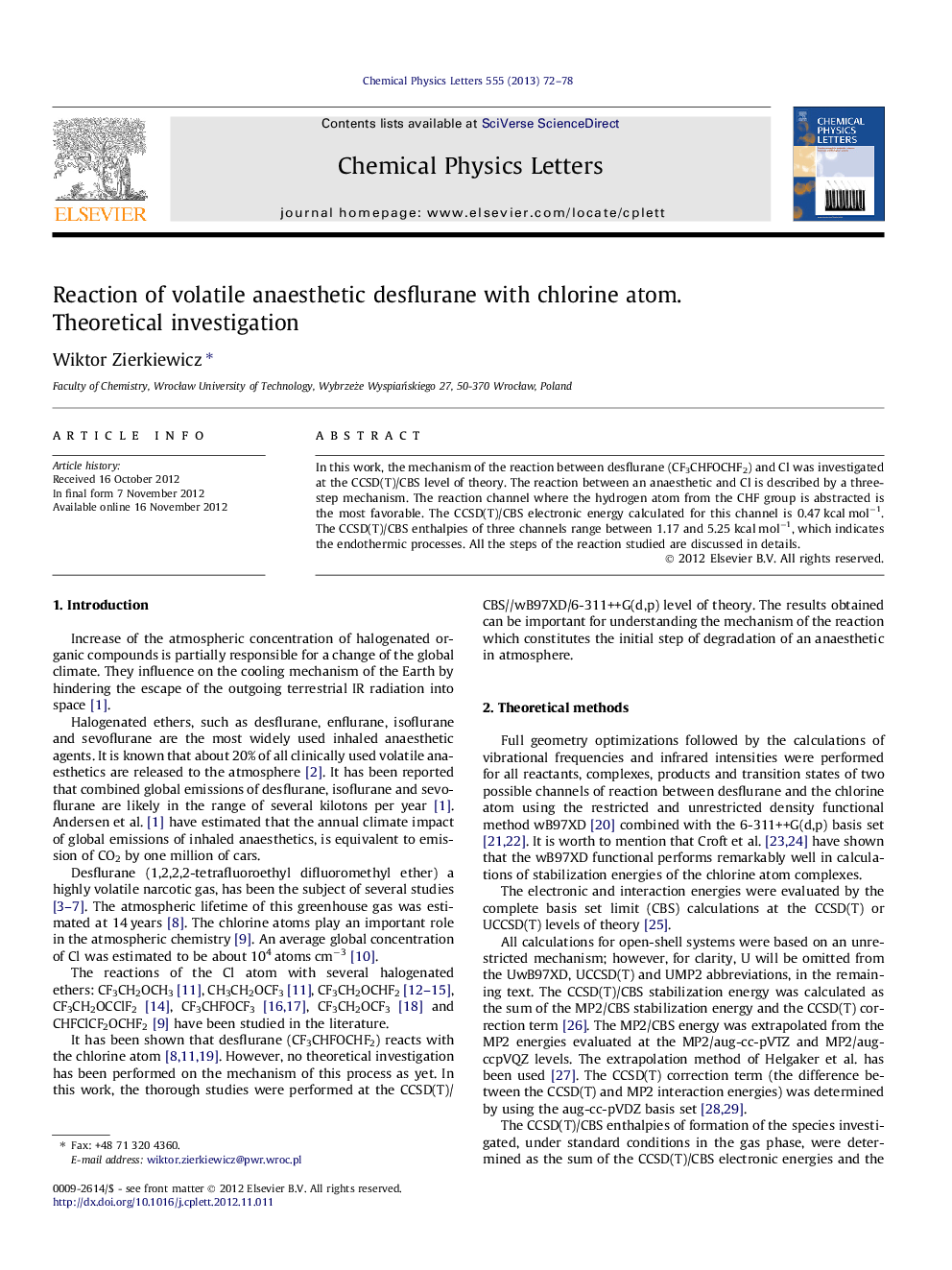 Reaction of volatile anaesthetic desflurane with chlorine atom. Theoretical investigation