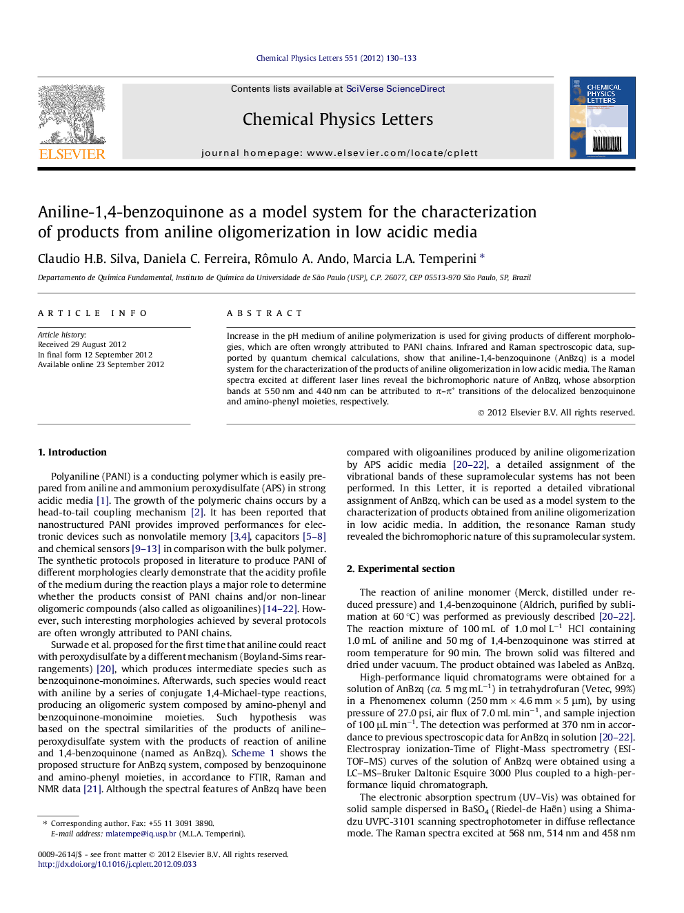 Aniline-1,4-benzoquinone as a model system for the characterization of products from aniline oligomerization in low acidic media