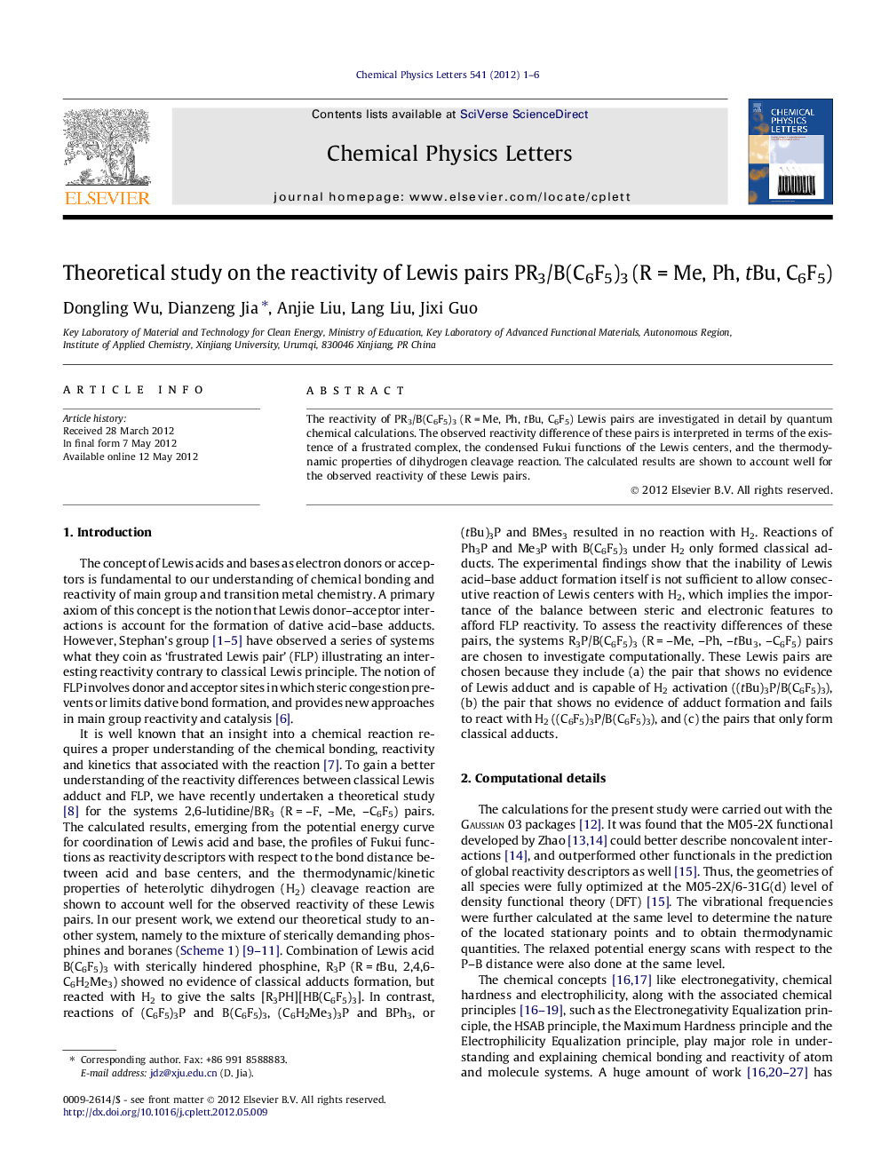 Theoretical study on the reactivity of Lewis pairs PR3/B(C6F5)3 (RÂ =Â Me, Ph, tBu, C6F5)