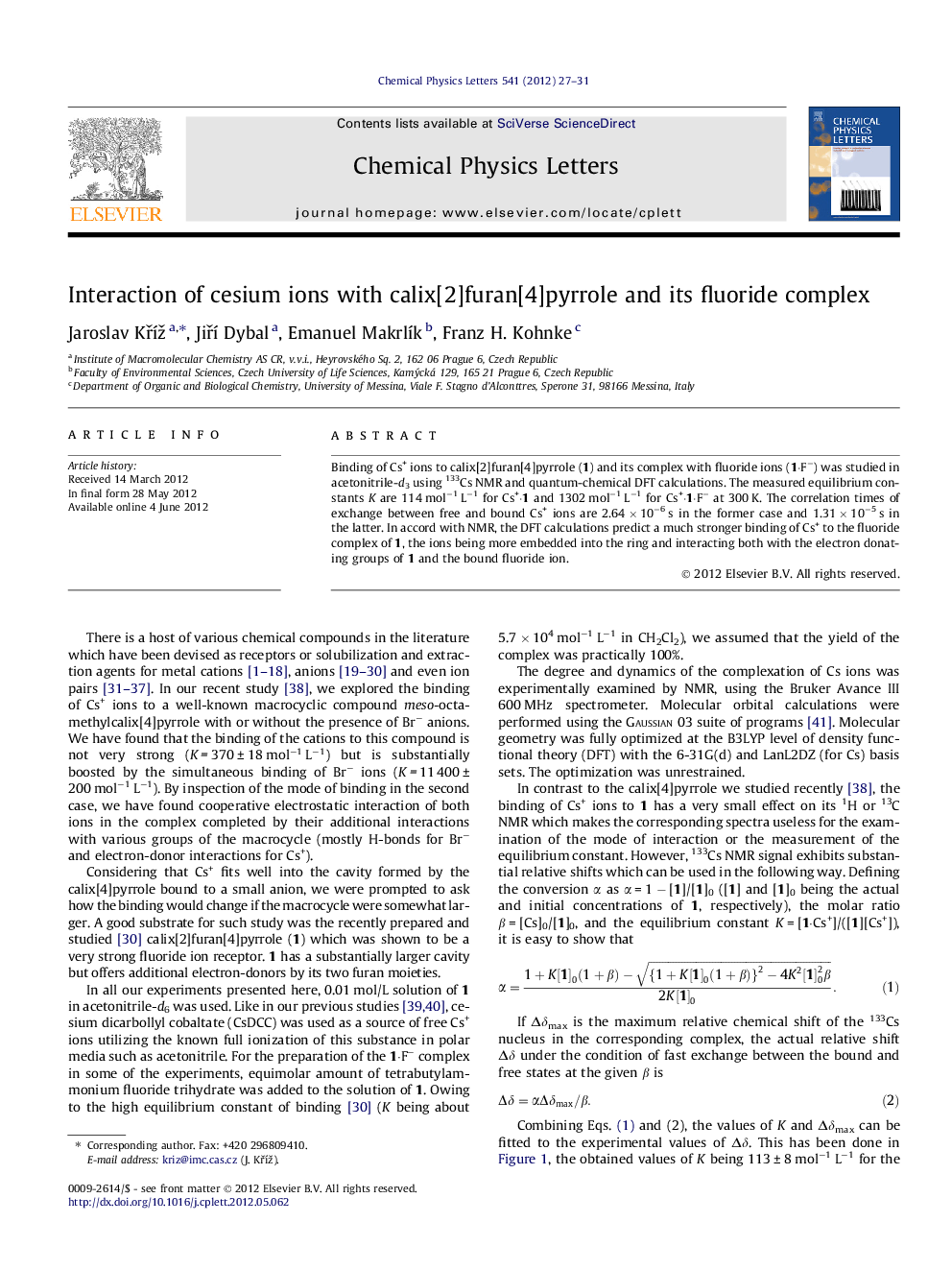 Interaction of cesium ions with calix[2]furan[4]pyrrole and its fluoride complex