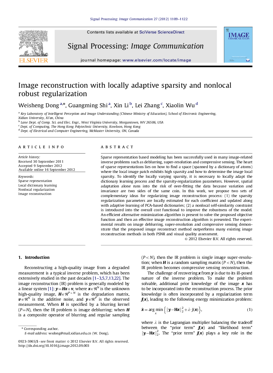 Image reconstruction with locally adaptive sparsity and nonlocal robust regularization