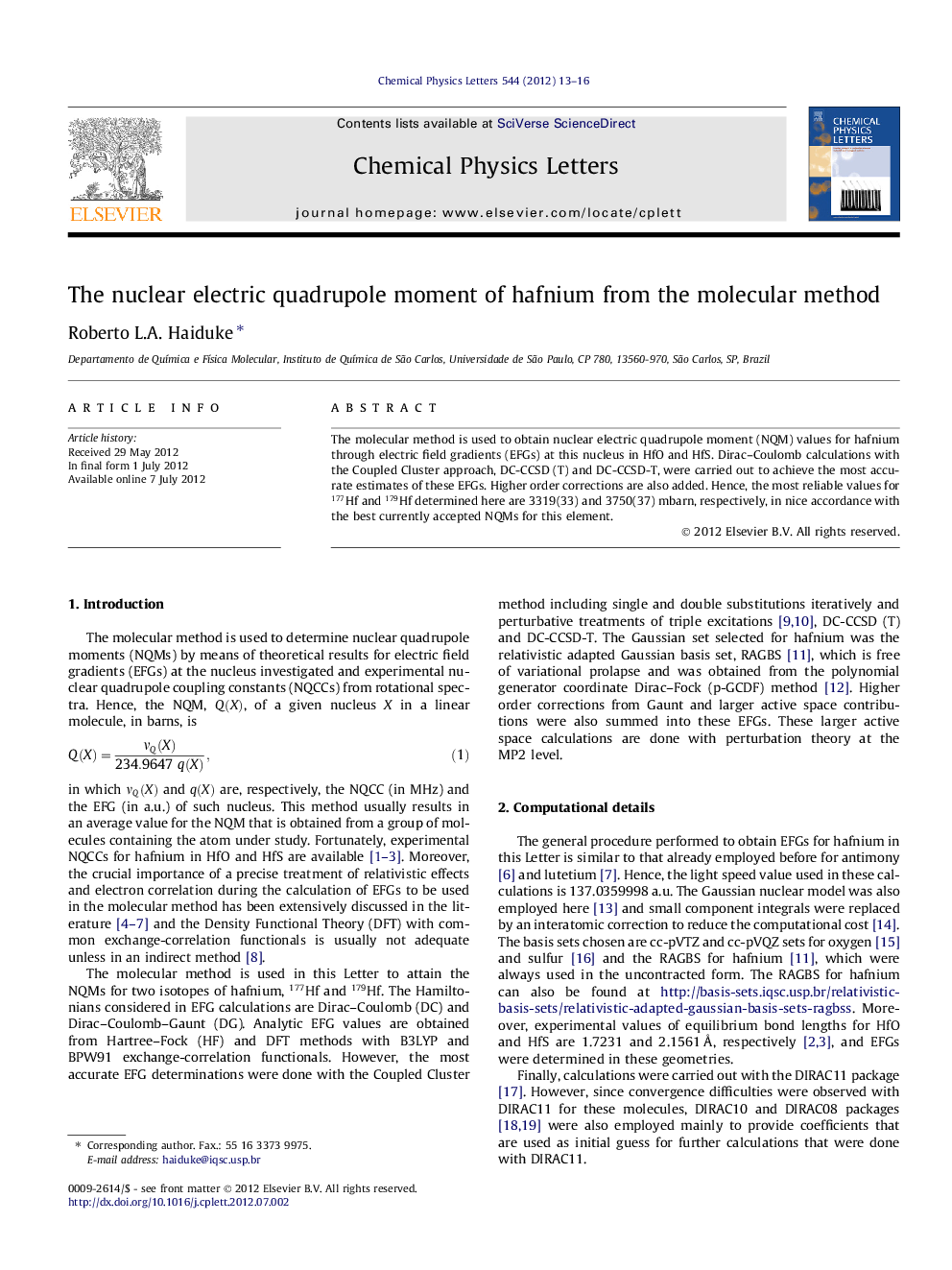 The nuclear electric quadrupole moment of hafnium from the molecular method