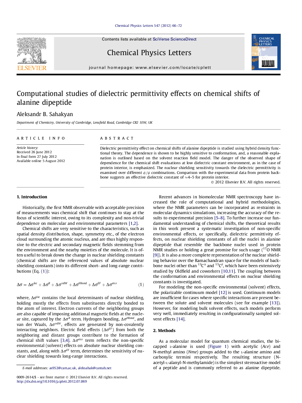 Computational studies of dielectric permittivity effects on chemical shifts of alanine dipeptide