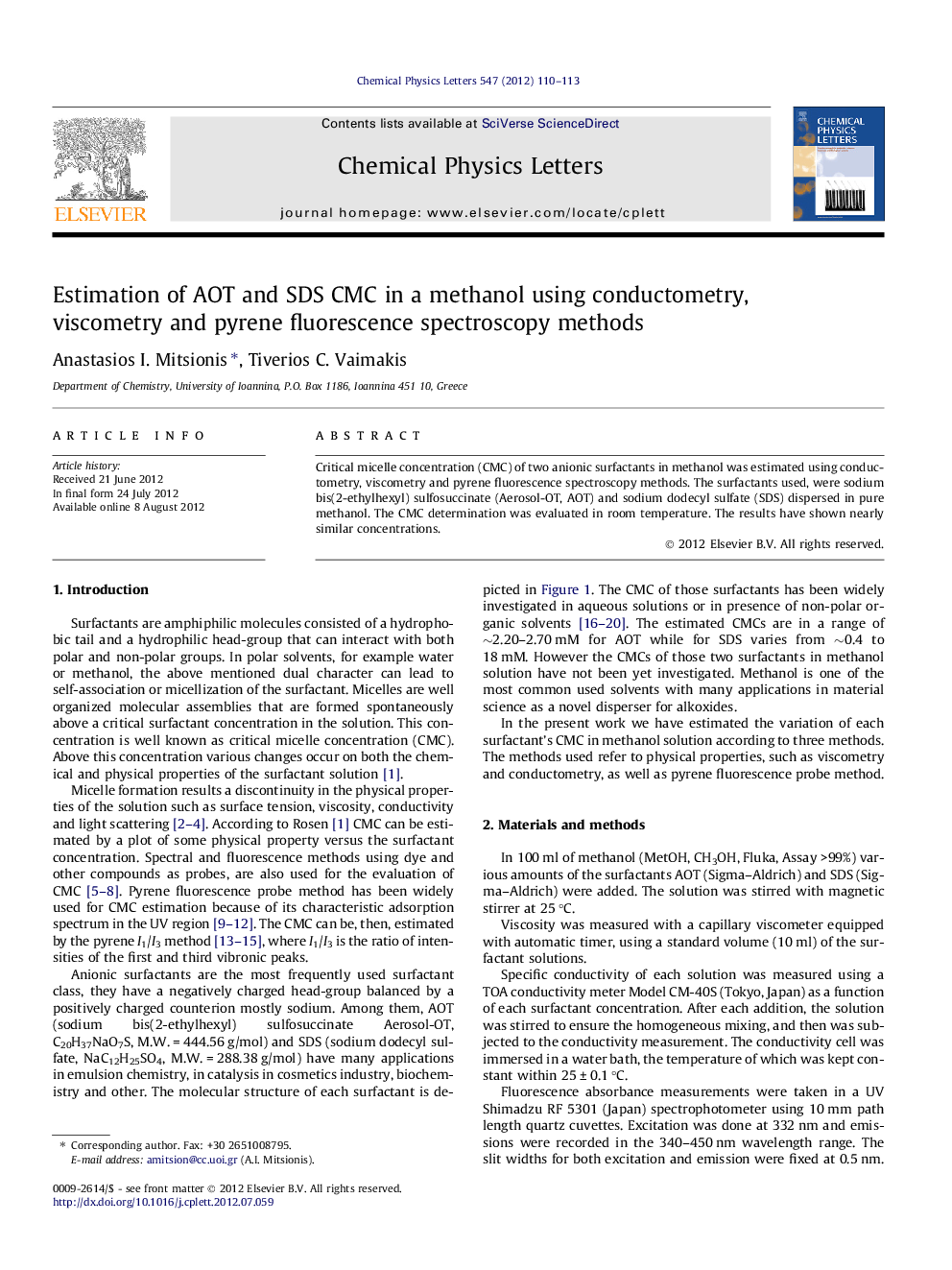 Estimation of AOT and SDS CMC in a methanol using conductometry, viscometry and pyrene fluorescence spectroscopy methods