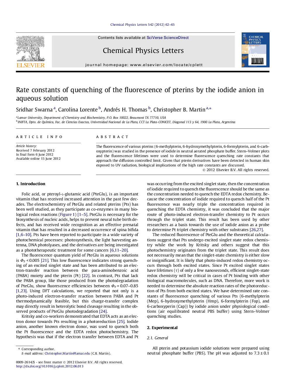 Rate constants of quenching of the fluorescence of pterins by the iodide anion in aqueous solution