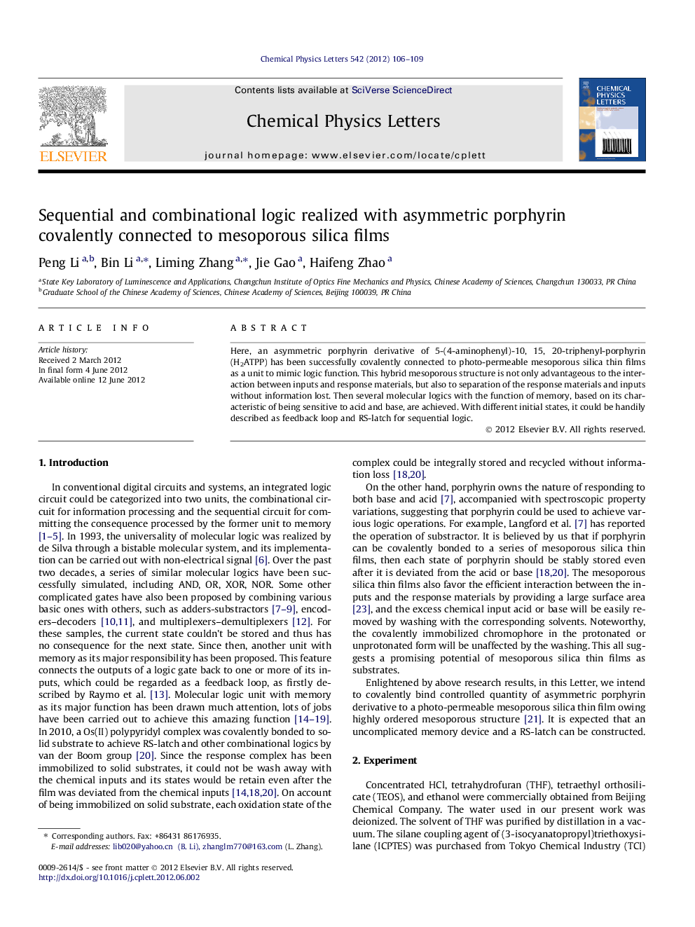 Sequential and combinational logic realized with asymmetric porphyrin covalently connected to mesoporous silica films