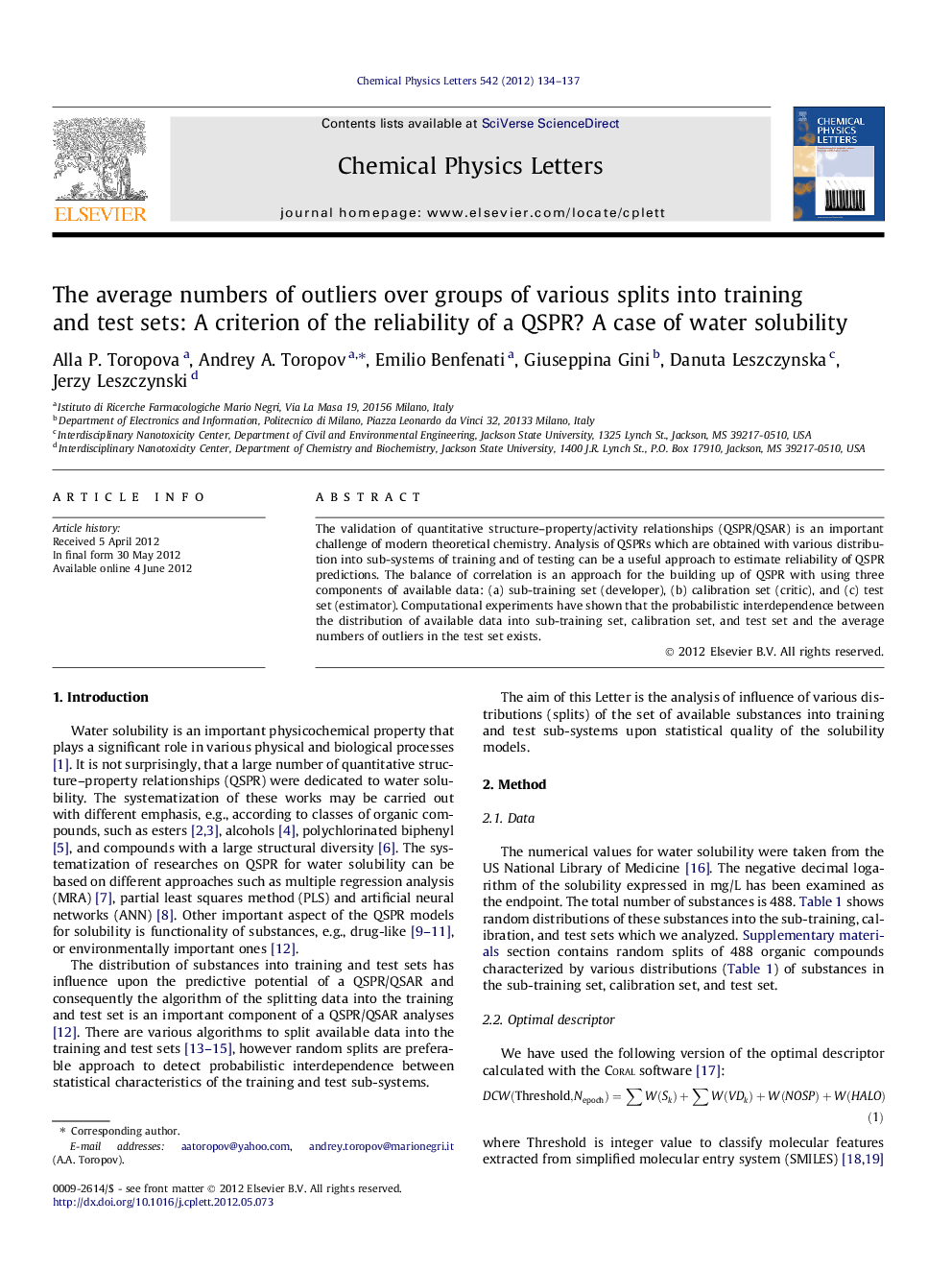 The average numbers of outliers over groups of various splits into training and test sets: A criterion of the reliability of a QSPR? A case of water solubility
