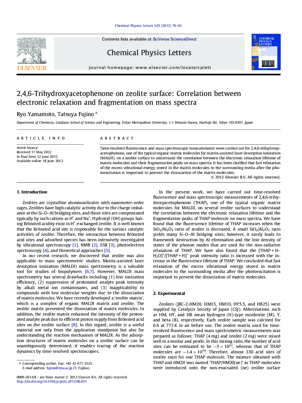 2,4,6-Trihydroxyacetophenone on zeolite surface: Correlation between electronic relaxation and fragmentation on mass spectra