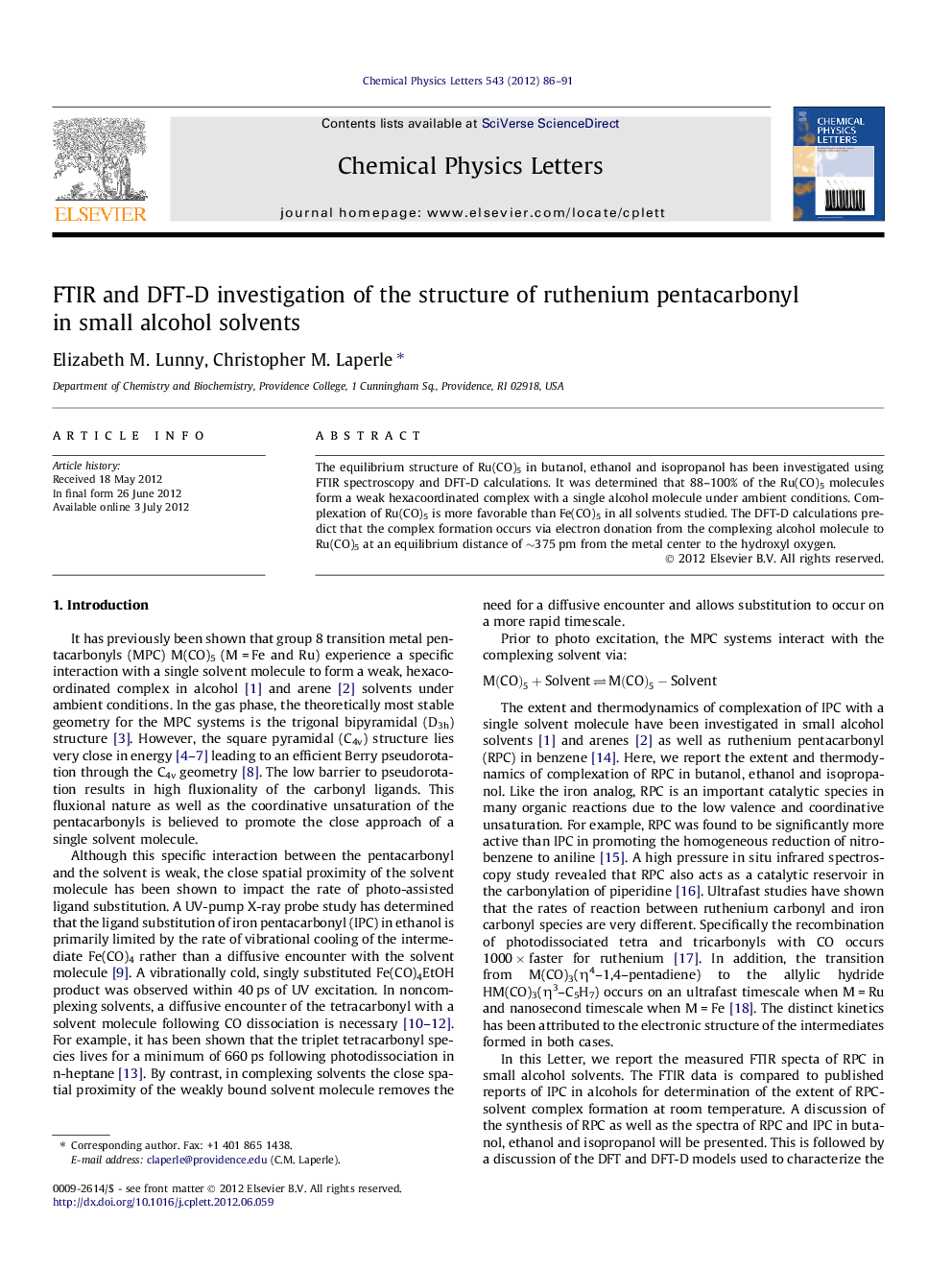 FTIR and DFT-D investigation of the structure of ruthenium pentacarbonyl in small alcohol solvents