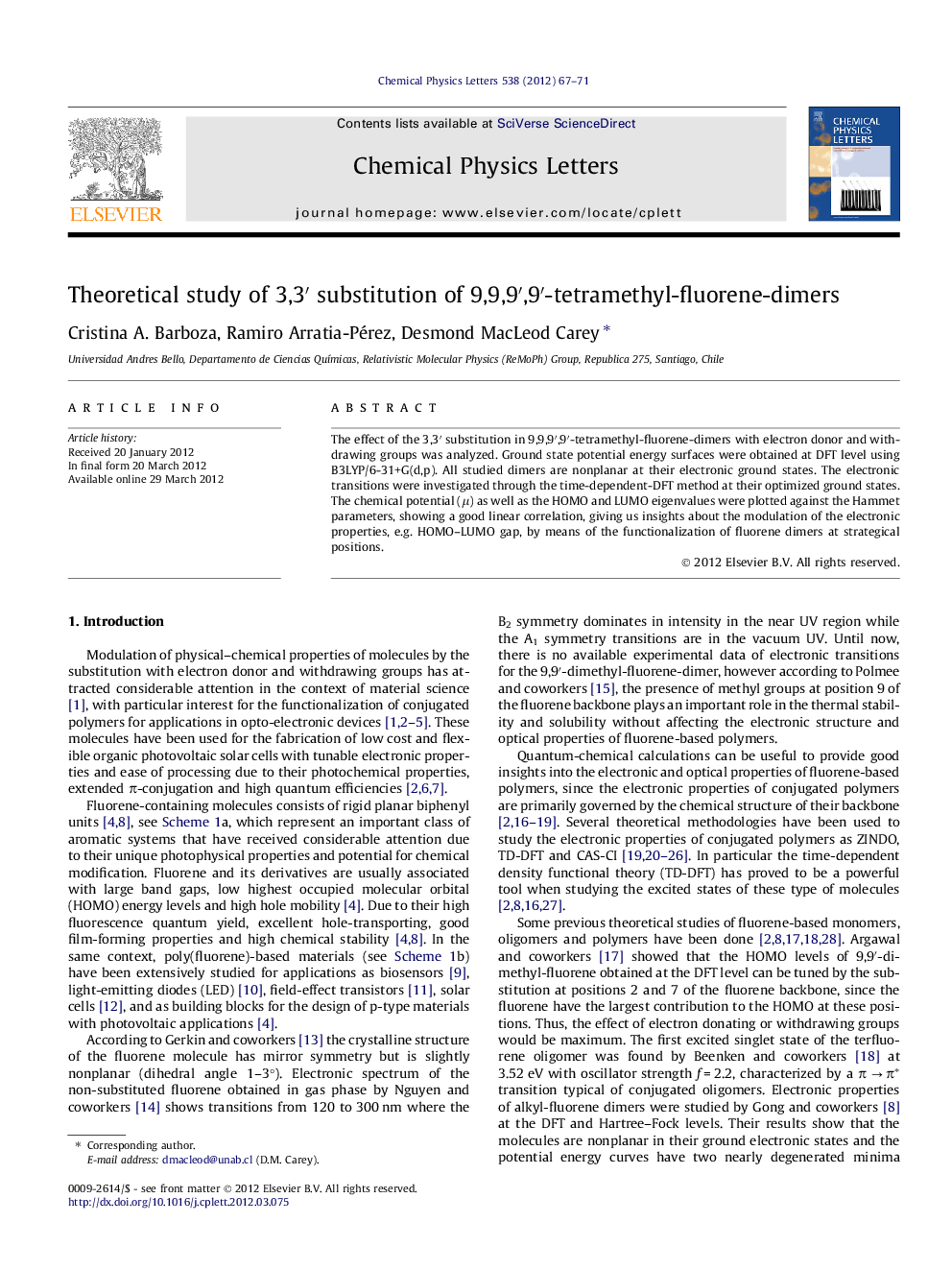 Theoretical study of 3,3â² substitution of 9,9,9â²,9â²-tetramethyl-fluorene-dimers