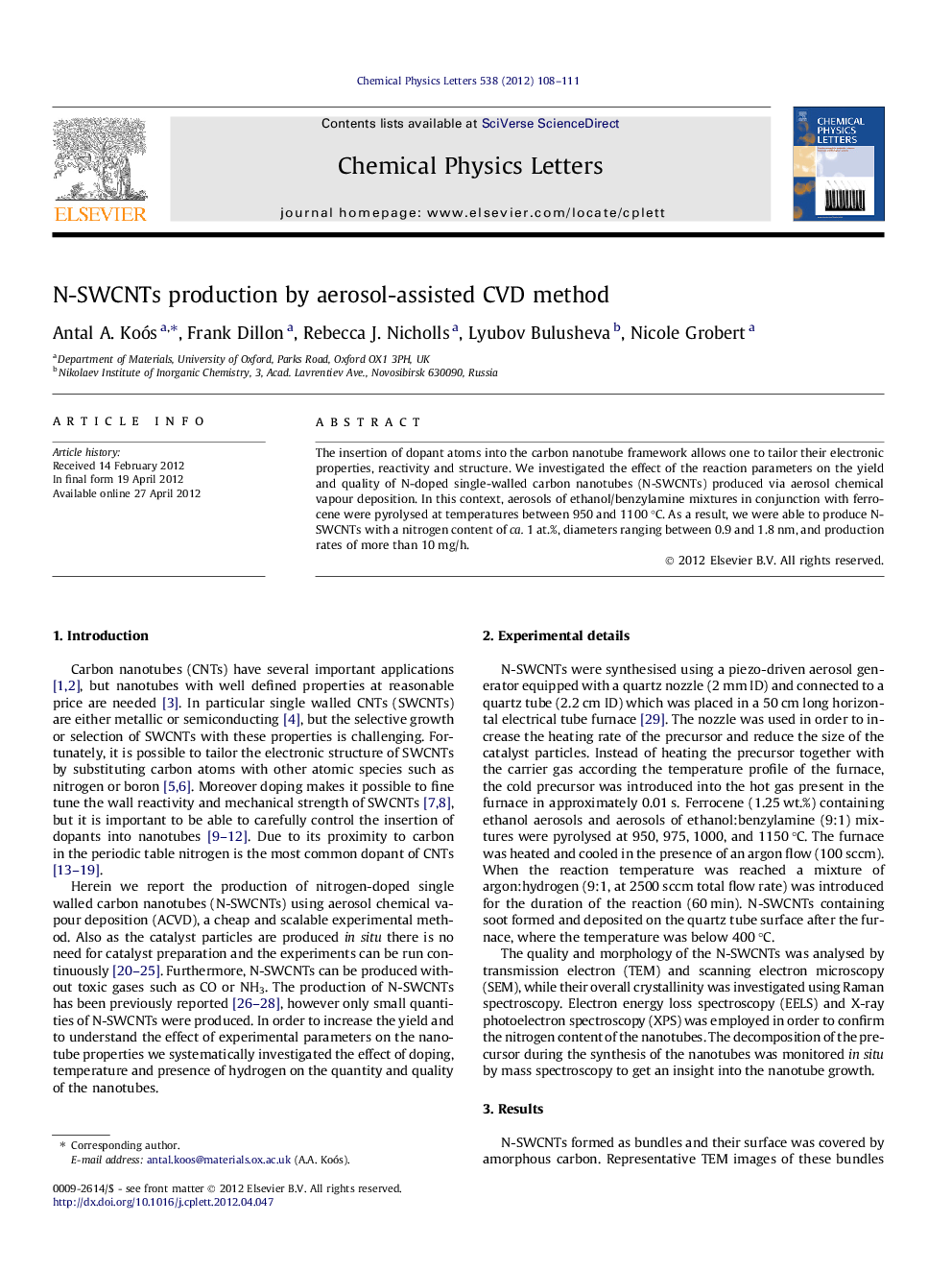 N-SWCNTs production by aerosol-assisted CVD method