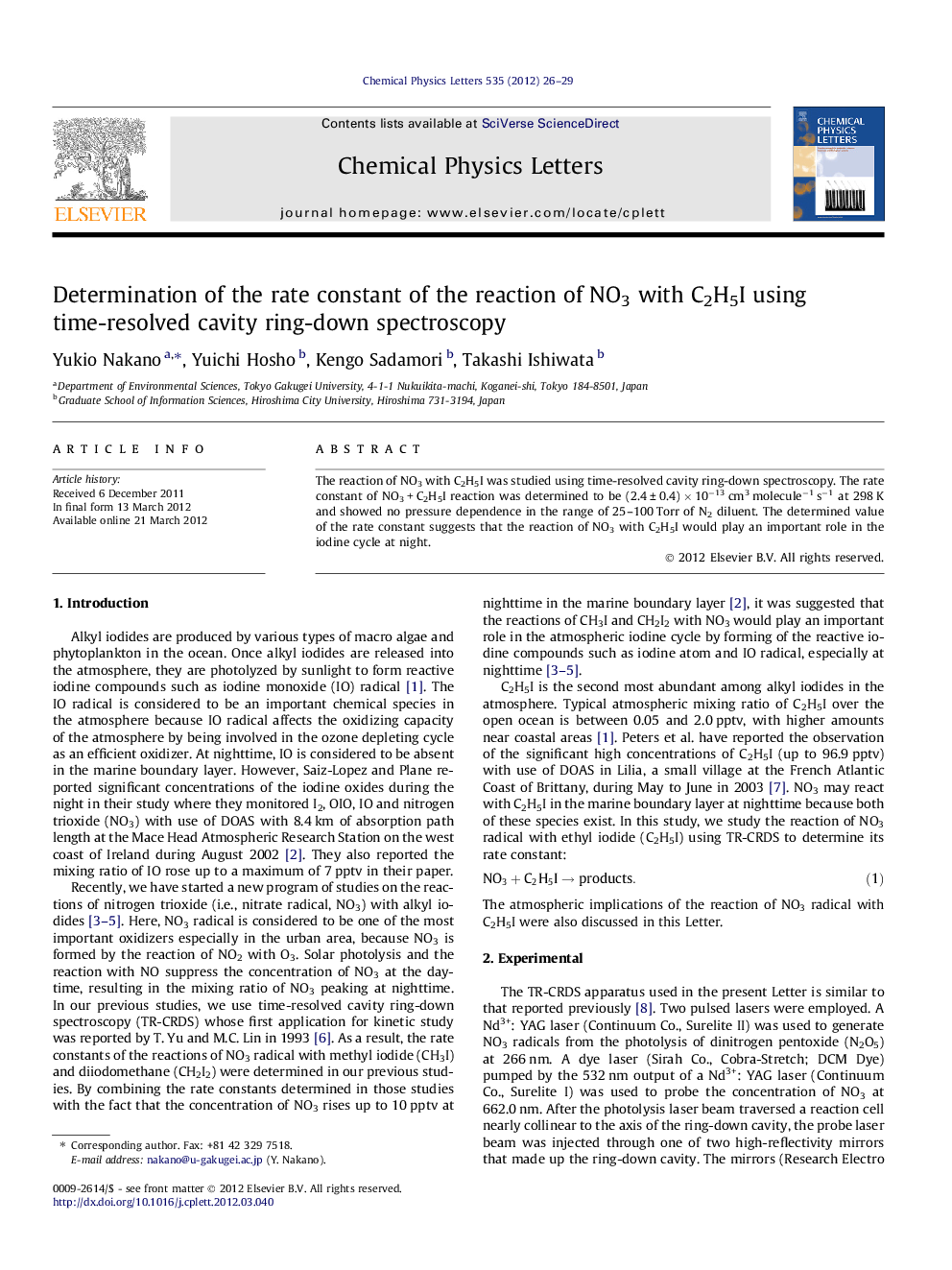 Determination of the rate constant of the reaction of NO3 with C2H5I using time-resolved cavity ring-down spectroscopy