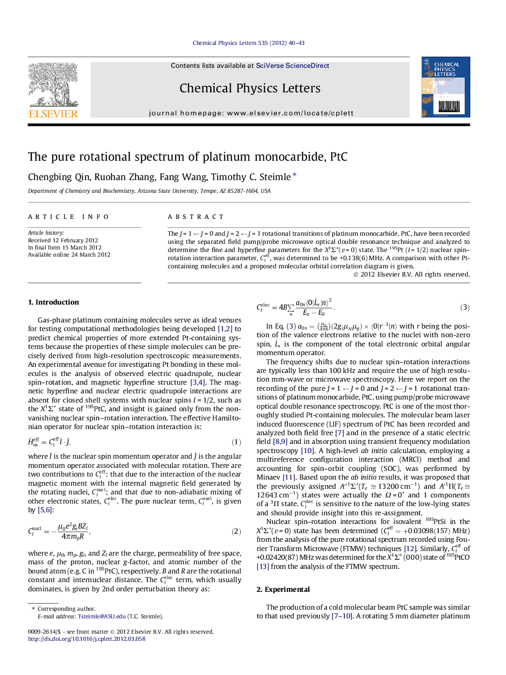 The pure rotational spectrum of platinum monocarbide, PtC