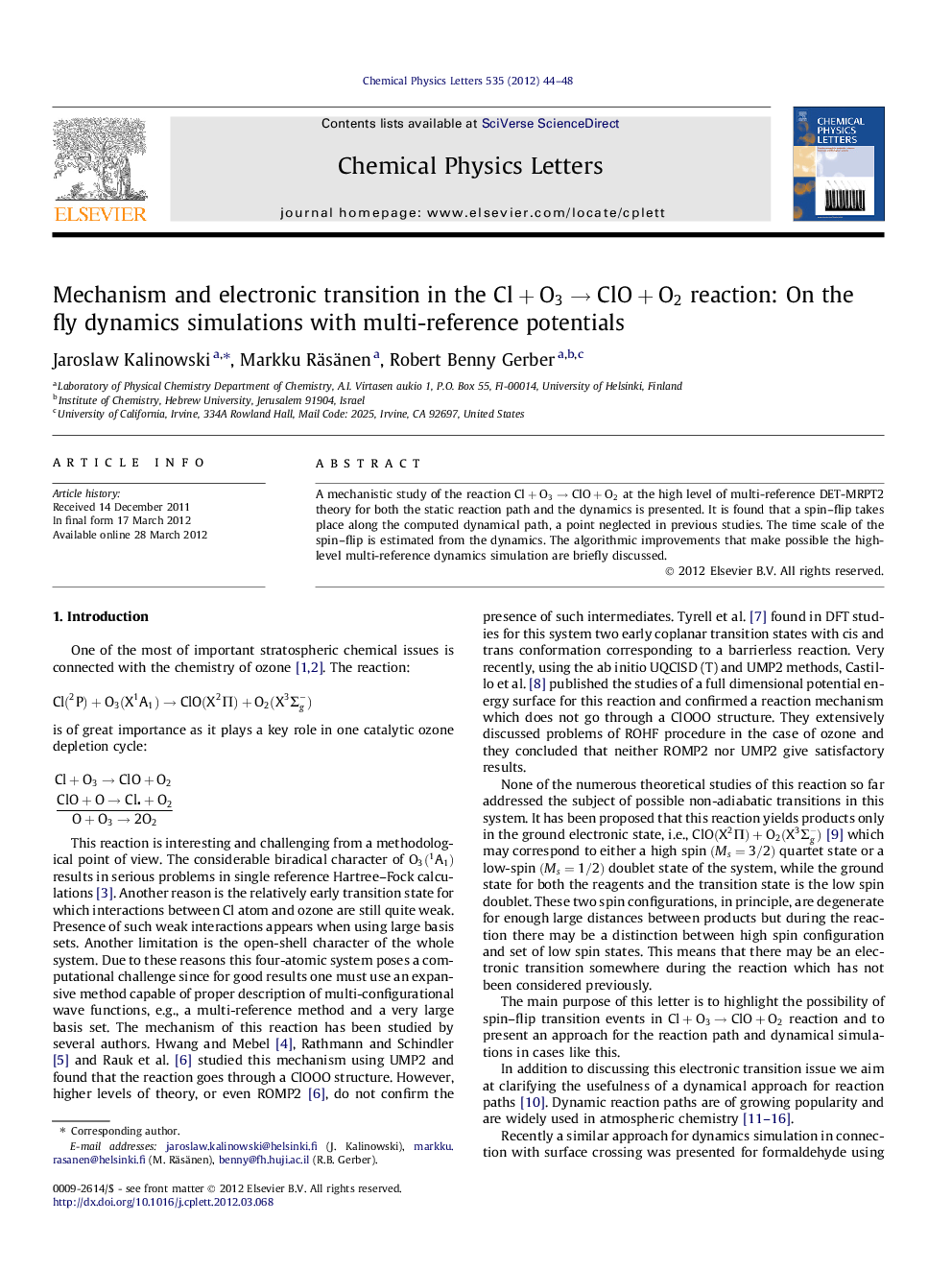 Mechanism and electronic transition in the Cl+O3âClO+O2 reaction: On the fly dynamics simulations with multi-reference potentials