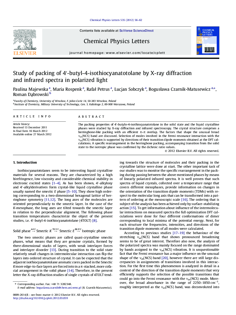 Study of packing of 4â²-butyl-4-isothiocyanatotolane by X-ray diffraction and infrared spectra in polarized light