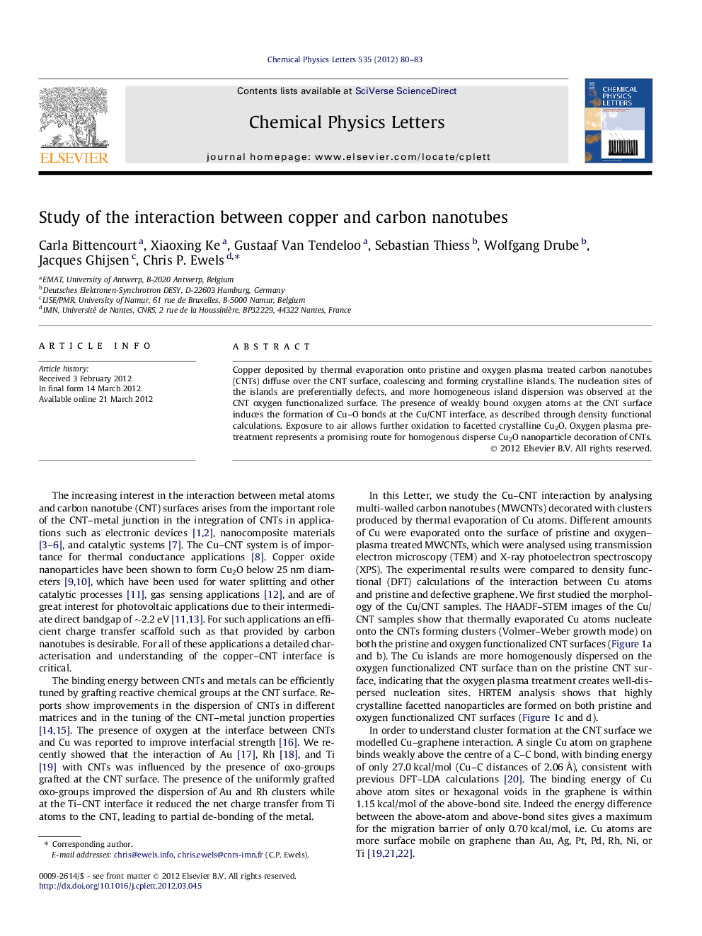 Study of the interaction between copper and carbon nanotubes