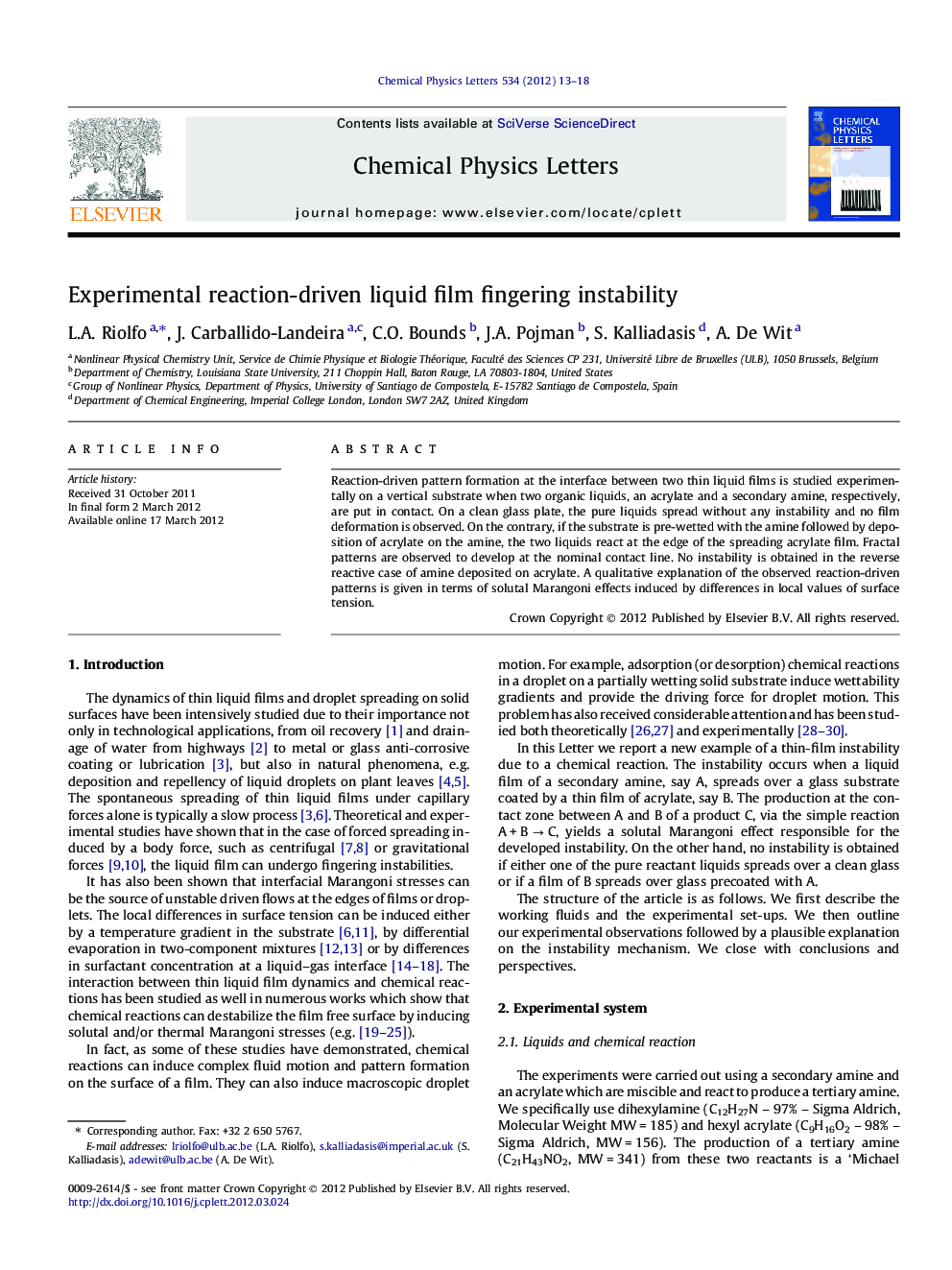 Experimental reaction-driven liquid film fingering instability